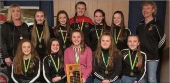  ??  ?? The St Pauls Killarney U-14 Division 2 Girls players who were presented with their medals and trophy at the KABB Awards Evening at Kingdom Greyhound Stadium, Tralee