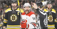  ?? Bruce Bennett / Getty Images ?? The Carolina Hurricanes’ Justin Williams reacts during the second period against the Boston Bruins in Game 2 of the Eastern Conference Final during the Stanley Cup playoffs on May 12 in Boston.
