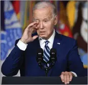  ?? ALEX GOODLETT — THE ASSOCIATED PRESS ?? President Joe Biden wipes a tear while speaking at the George E. Wahlen Department of Veterans Affairs Medical Center on Thursday in Salt Lake City.