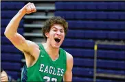  ?? JEFF GILBERT / CONTRIBUTE­D ?? Chaminade Julienne senior Daniel Nauseef celebrates toward the student section as he leaves the floor after the Eagles defeated Alter 69-60 in the Division II district semifinals Friday at Trent Arena.