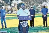  ?? GARY WARTH U-T ?? Mickey Major, who was formerly homeless, speaks during a news conference at North Park Community Park, where he used to sleep before finding housing.