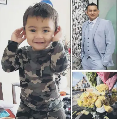  ??  ?? VICTIMS OF CARNAGE: One-year-old Usman Adnan Jarral, above, and his father, Adnan Ashraf Jarral, 35, top right, were among four people killed on Friday when Mr Jarral’s VW people carrier was hit by a VW Golf which was being pursued by police in Sheffield; above right, flowers at the scene.