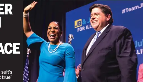  ?? ASHLEE REZIN/SUN-TIMES ?? Democratic governor candidate J.B. Pritzker and running mate state Rep. Juliana Stratton celebrate Pritzker’s win March 20 in the Democratic primary.