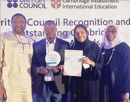  ?? ?? L-R: Awardee’s father, Mr. Remawa Bello, Principal Imaad Secondary School, Mr. Lateef Adedeji, the awardee, Miss Maryam Remawa Bello and her mother, Hajia Remawa Bello at the British Council recognitio­n and outstandin­g Cambridge Learner awards, in Lagos... recently