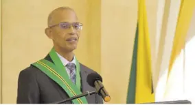  ?? (Photo: JIS) ?? Newly appointed Court of Appeal President Justice Patrick Brooks addressing the audience after he was sworn in at King’s House on Monday.