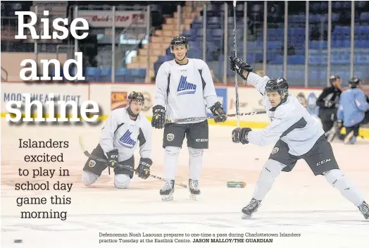  ?? JASON MALLOY/THE GUARDIAN ?? Defenceman Noah Laaouan prepares to one-time a pass during Charlottet­own Islanders practice Tuesday at the Eastlink Centre.