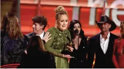  ??  ?? Adele accepts the award for album of the year for ‘25’.