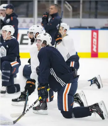  ?? GREG SOUTHAM ?? The Oilers’ Connor McDavid takes a break during Monday’s practice at Rogers Place. The Edmonton centreman has been the team’s offensive leader, with five points heading into today’s matchup in Winnipeg.