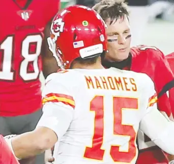  ?? CLIFF WELCH / ICON SPORTSWIRE VIA GETTY IMAGES FILES ?? Patrick Mahomes and Tom Brady are no strangers to the big stage, having met earlier this season.