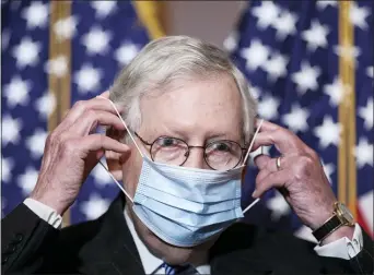  ?? TOM BRENNER — POOL VIA AP ?? Senate Majority Leader Mitch McConnell of Ky., removes his face mask as he arrives for a news conference with other Senate Republican­s on Capitol Hill in Washington, Tuesday, Dec. 15, 2020.