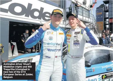  ??  ?? Ashington driver Stuart Middleton (right) and Will Tregurtha triumphed in race two of the GT4 European Series at Zolder, Belgium