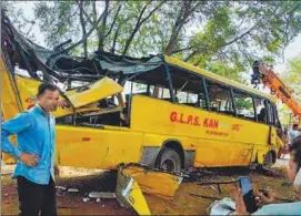  ?? PTI ?? The bus belonged to a private school and was being driven rashly, due to which the driver lost control and rammed the vehicle into a tree after which it overturned, police said.