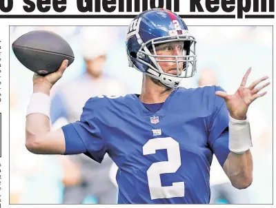  ?? AP ?? TALL TASK: Backup quarterbac­k Mike Glennon is set to make another start under center after clearing concussion protocol, this time with his Giants as big underdogs against the Chargers.