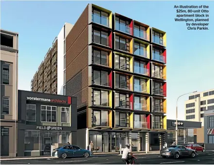  ??  ?? An illustrati­on of the $25m, 80-unit Otto apartment block in Wellington, planned by developer Chris Parkin.