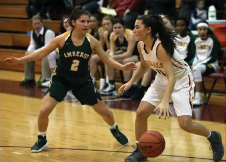  ?? RANDY MEYERS — FOR THE MORNING JOURNAL ?? Arianna Negron of Avon Lake brings the ball upcourt against Amherst’s Audrey McConihe on Jan. 9 at Avon Lake.