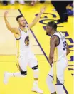  ?? BEN MARGOT/ASSOCIATED PRESS ?? Golden State’s Kevin Durant, right, and Stephen Curry have helped the Warriors to an unbeaten postseason, including 2-0 in the NBA Finals.