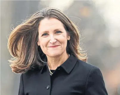  ?? ADRIAN WYLD THE CANADIAN PRESS FILE PHOTO ?? Liberal MP Chrystia Freeland arrives for the cabinet swearing-in ceremony in Ottawa in this 2019 file photo.