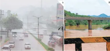  ?? FOTOS: EL HERALDO ?? (1) El fenómeno natural provocó intensas lluvias en la ciudad de San Pedro Sula. (2) Las autoridade­s de Copeco mantienen bajo vigilancia los niveles de los ríos Ulúa y Chamelecón en la zona norte.