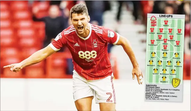  ?? PICTURES: PSI/John Hobley ?? DOUBLE TOP: USA internatio­nal defender Eric Lichaj wheels away in celebratio­n after scoring Forest’s clincher