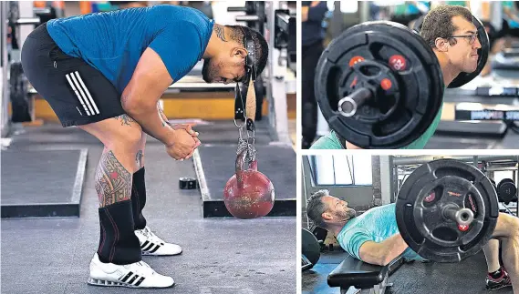  ??  ?? Strong men: Ofa Tu’ungafasi (above left); Brodie Retallick (top right) and captain Kieran Read work out yesterday