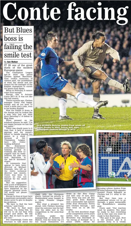  ??  ?? OLD SCORES: Referee Anders Frisk sends off Didier Drogba in 2005, below, and, right, Torres puts Chelsea through in 2012