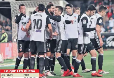  ??  ?? PIÑA. Los jugadores del Valencia se felicitan tras marcar un gol.