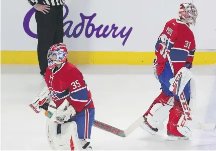  ?? PIERRE OBENDRAUF ?? Canadiens goalie Carey Price, right, leaves the game, and is replaced by Al Montoya, against the San Jose Sharks in Montreal on Friday.