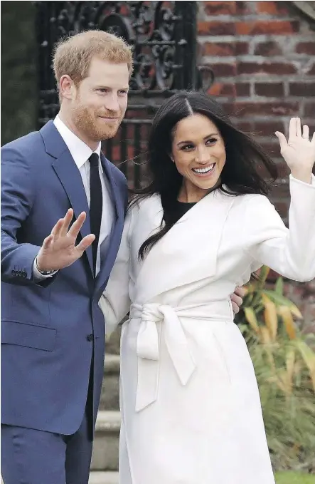  ?? MATT DUNHAM/ THE CANADIAN PRESS/AP FILES ?? Former Suits star Meghan Markle wears the white wrap coat from Toronto’s Line The Label when she and Prince Harry announced their engagement in November.