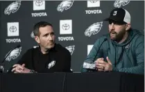  ?? MATT ROURKE - THE ASSOCIATED PRESS ?? Eagles head coach Nick Sirianni, right, and general manager Howie Roseman take part in a news conference at the NovaCare Complex on Thursday.