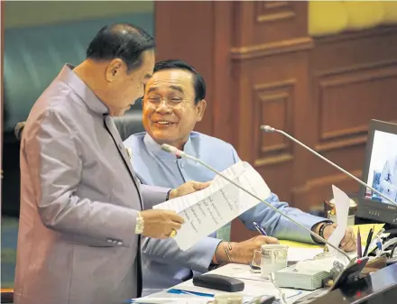  ?? PATTARAPON­G CHATPATTAR­ASILL ?? Deputy PM Gen Prawit Wongsuwon, left, and PM Gen Prayut Chan-o-cha at parliament on June 15, 2015.