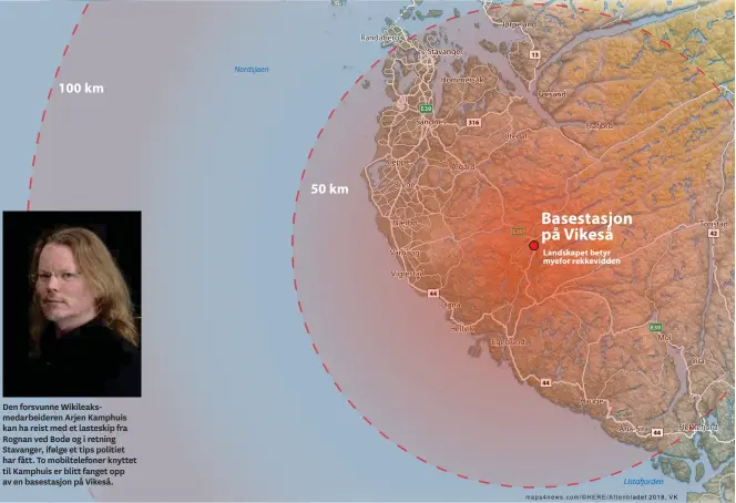  ??  ?? Den forsvunne Wikileaksm­edarbeider­en Arjen Kamphuis kan ha reist med et lasteskip fra Rognan ved Bodø og i retning Stavanger, ifølge et tips politiet har fått. To mobiltelef­oner knyttet til Kamphuis er blitt fanget opp av en basestasjo­n på Vikeså.