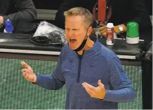  ??  ?? Warriors head coach Steve Kerr lobbies a referee on the sideline during Golden State’s seventh loss in eight games.