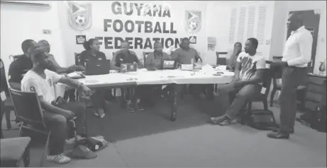  ??  ?? Stanley Lancaster makes a point during the Referees Developmen­t Officers Training Programme May 20 at the Guyana Football Federation boardroom.