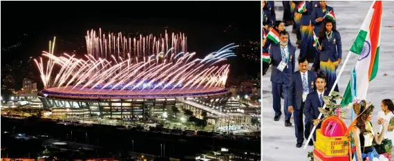  ??  ?? A spectacula­r firework show marked the opening ceremony; (Right) The Indian contingent led by shooter Abhinav Bindra during the march past in Rio on Friday.