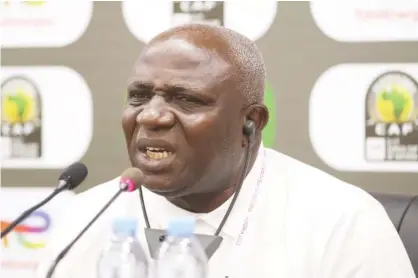  ?? ?? „ Golden Eaglets’ coach, Nduka Ugbade during a press briefing at the ongoing AFCON U-17 tournament in Algeria