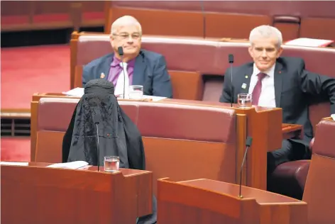  ?? Picture / AAP ?? Brian Burston ( left) and Malcolm Roberts watch fellow One Nation senator Pauline Hanson. clad in burqa, address the Australian Senate.