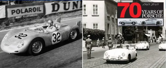  ??  ?? 1957 and the 718 RS debuts at Le Mans, powered by a 1500cc four-cam, flat-four producing 142bhp. Right: Porsche 356A Cabriolet squad cars are in service with police forces in four countries