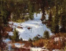  ??  ?? 26. Chip Brock, Heading for the Den, oil on linen panel, 14 x 11" 27. Kaye Franklin, Wolf Creek Winter, oil, 16 x 20"