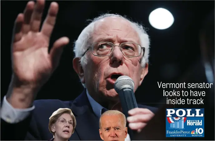  ?? AP ?? RISING TO THE TOP: Democratic presidenti­al candidate Sen. Bernie Sanders, I-Vt., seen speaking at a campaign rally Sunday in Sioux City, Iowa, leads in the latest poll, his liberal policies taking hold and recent disagreeme­nts with both Sen. Elizabeth Warren and Hillary Clinton only boosting his support.