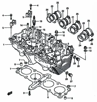  ??  ?? ABOVE: A breakdown of the parts in a GSX-R750F top-end. How many bits can you still find new?