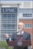  ?? JOE HERMITT/THE PATRIOT-NEWS VIA AP ?? Pennsylvan­ia Gov. Tom Wolf speaks at a press conference outside UPMC Pinnacle Community Osteopathi­c Hospital in Lower Paxton Township on June 29.