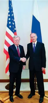  ?? (Foto Ap) ?? L’incontro Da sinistra il consiglier­e Usa John Bolton e il segretario russo Nikolai Patrushev