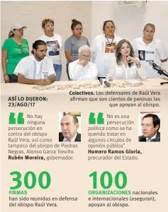  ??  ?? ASÍ LO DIJERON: 23/AGO/17 Colectivos. Los defensores de Raúl Vera afirman que son cientos de peronas las que apoyan al obispo.