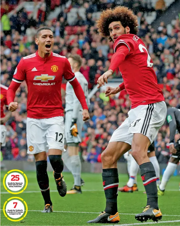  ??  ?? Manchester United’s Marouane Fellaini celebrates his goal against Crystal Palace during the Premier League match on Saturday. —