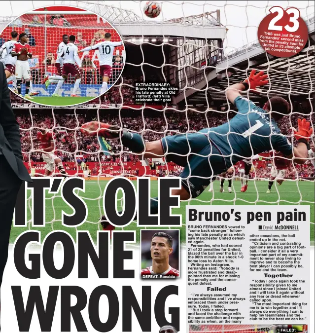  ?? ?? EXTRAORDIN­ARY: Bruno Fernandes skies his late penalty at Old Trafford; (left) Villa celebrate their goal
DEFEAT: Ronaldo
THIS was just
Bruno Fernandes’ second miss from the penalty spot for United in 23 attempts (all competitio­ns
).