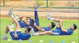  ?? PTI ?? Rajasthan Royals players at a practice session at Sawai Mansingh Stadium in Jaipur on Saturday.