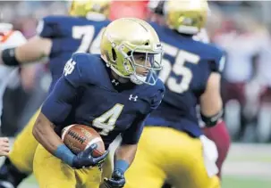  ?? CARLOS OSORIO/AP ?? Notre Dame wide receiver Kevin Austin Jr. (4) rushes during the first half of an NCAA college football game against Virginia Tech, Saturday, Nov. 2, 2019, in South Bend, Ind.