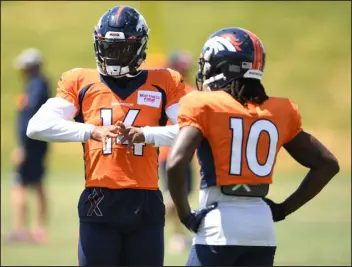  ?? RJ SANGOSTI — THE DENVER POST ?? Broncos wide receivers Courtland Sutton, left, and Jerry Jeudy could be trade bait with the Broncos in the market for draft picks.