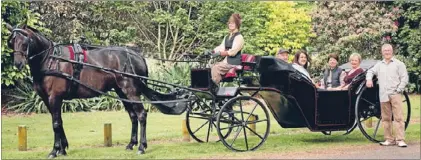  ?? Photo: PAUL SUTHERLAND ?? Old world experience: Centennial Drive Committee chairman David Dawson, i-SITE manager Memorie Brooky, councillor Leonie Tisch and mayor Jan Barnes were the first to take a ride. Also pictured are owners Zea Marks and Wayne Hillis, standing.