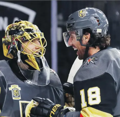  ?? BRUCE BENNETT/GETTY IMAGES ?? Goaltender Marc-Andre Fleury and forward James Neal have led the Vegas Golden Knights to in improbable 3-0 record.